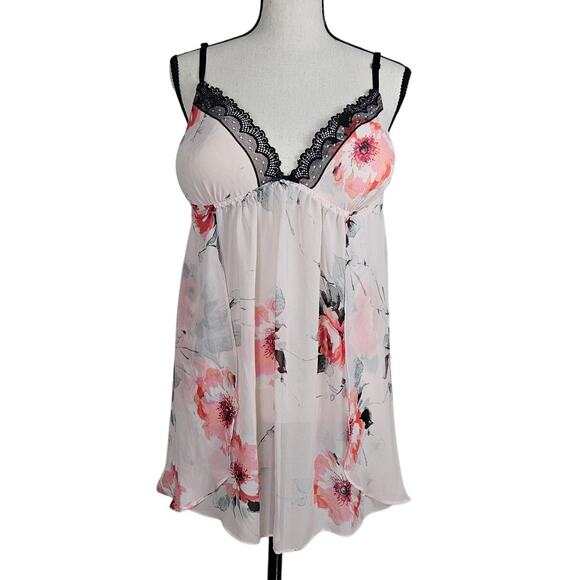 Linea Donatella Babydoll Lingerie Womens XL Pink Floral Lace Romantic Coquette - Picture 1 of 8